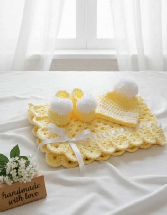 Childsafe Acrylic Yarn Handmade Cap, Booties and Blanket Set