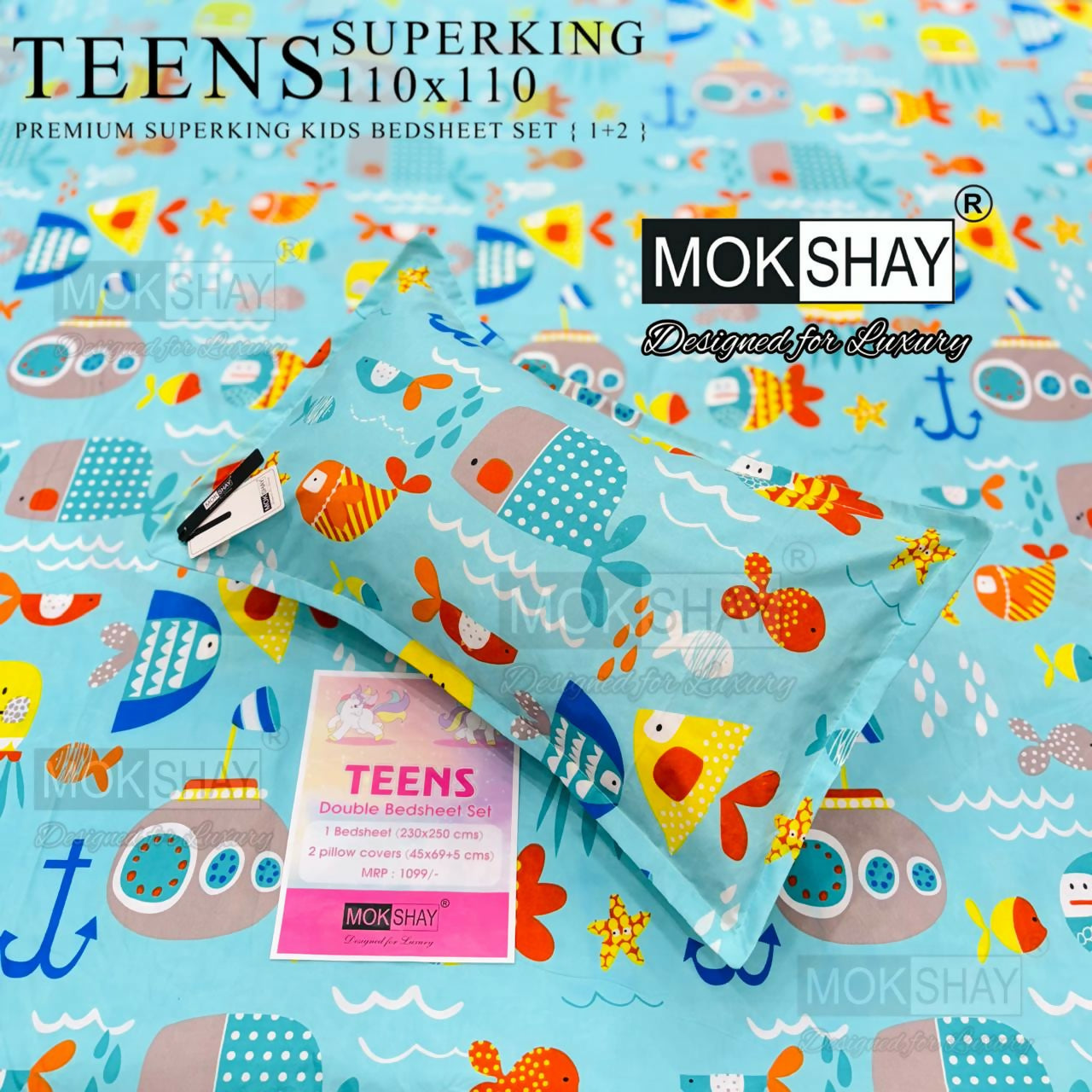 Colorful kids bedsheet set with fish and submarine pattern on a blue background, featuring Mokshay branding.