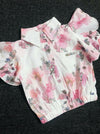 LITTLE KWINS Girls' Floral Print Crop Top, Puff Sleeves, White and Pink, Collared Button-Down