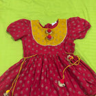 Saka Designs By Sapna Half Sleeves Floral Motif Foil Printed & Lace Embellished Top Dhoti And Dupatta Set - Red & Mustard Yellow