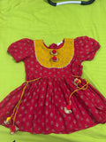 Saka Designs By Sapna Half Sleeves Floral Motif Foil Printed & Lace Embellished Top Dhoti And Dupatta Set - Red & Mustard Yellow