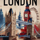 Decorative bedsheet with London-themed design featuring iconic buildings and the word 'London'.