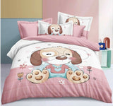 Children's bedroom with pink and white bedding featuring cartoon dog design.