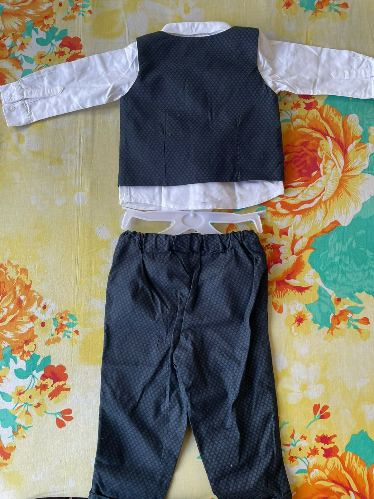 HOP BABY Shirt Waist Coat and Trouser Set - White/Black Grey pattern design - PyaraBaby