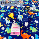 Mokshay Teens dinosaur-themed bedsheet set with packaging on a blue background