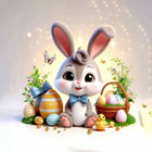 Cartoon Easter bunny with colorful eggs and flowers on a light background
