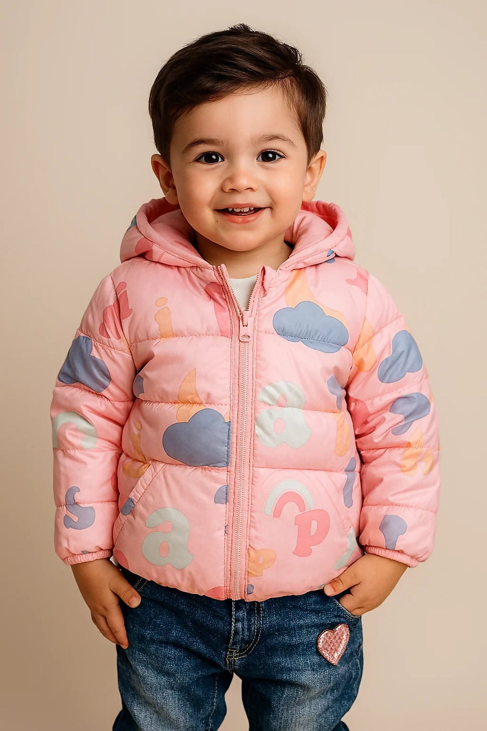 Child wearing a pink puffer jacket with cloud patterns 