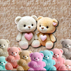 Collection of colorful teddy bears with hearts on a textured brown background