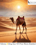 Camel walking in a desert with a warm sunset bedsheet.