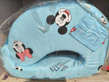 Blue baby seat cover with cartoon character design on a clear background