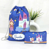 Drawstring bag and pouch with fairy and castle design on a white background