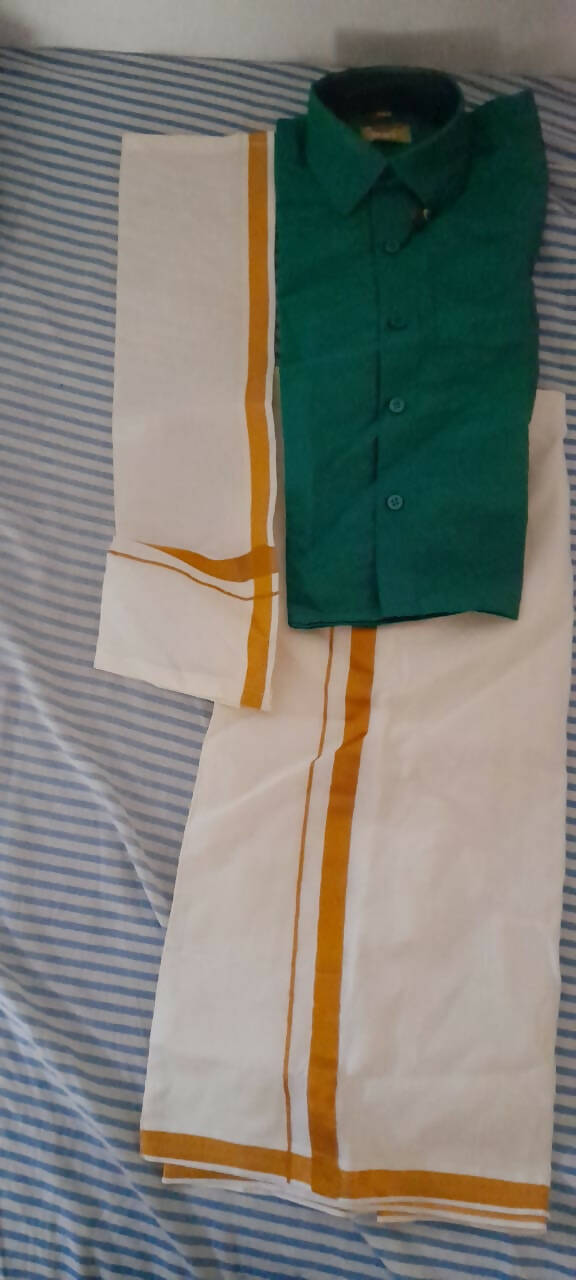 UTHAYAM Veshti and Green Shimmer Shirt, Mund - PyaraBaby