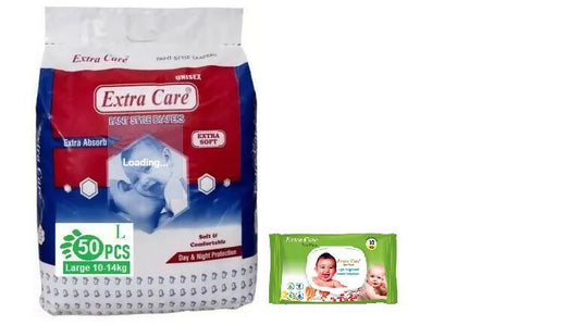 EXTRA CARE Baby Pant Diaper Large Size (50 piece) + Baby Wipes (80 piece)(Combo of 2) | 10-14 Kg - PyaraBaby