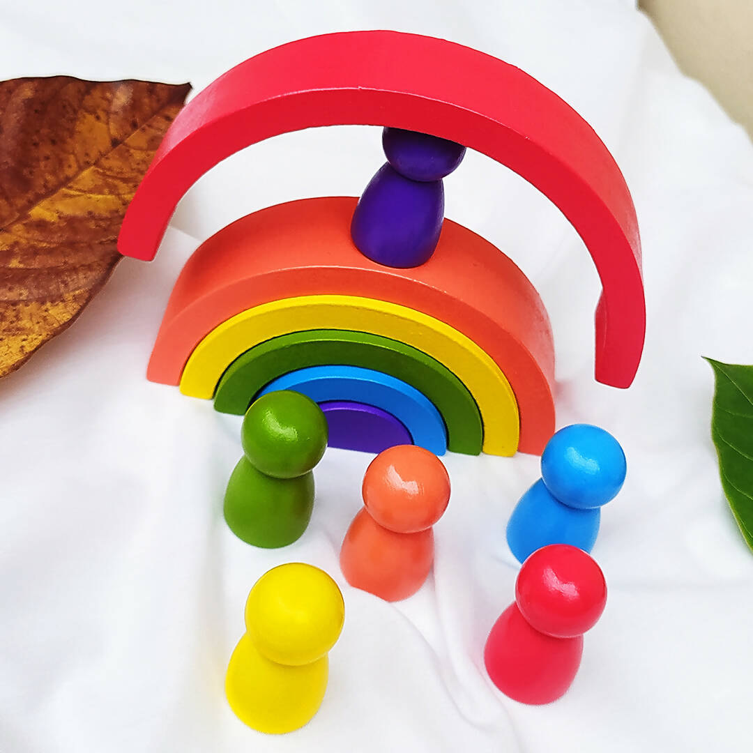 Colorful Wooden Stacker with 6 wooden Peg Dolls - Medium (Pack of 1) - PyaraBaby