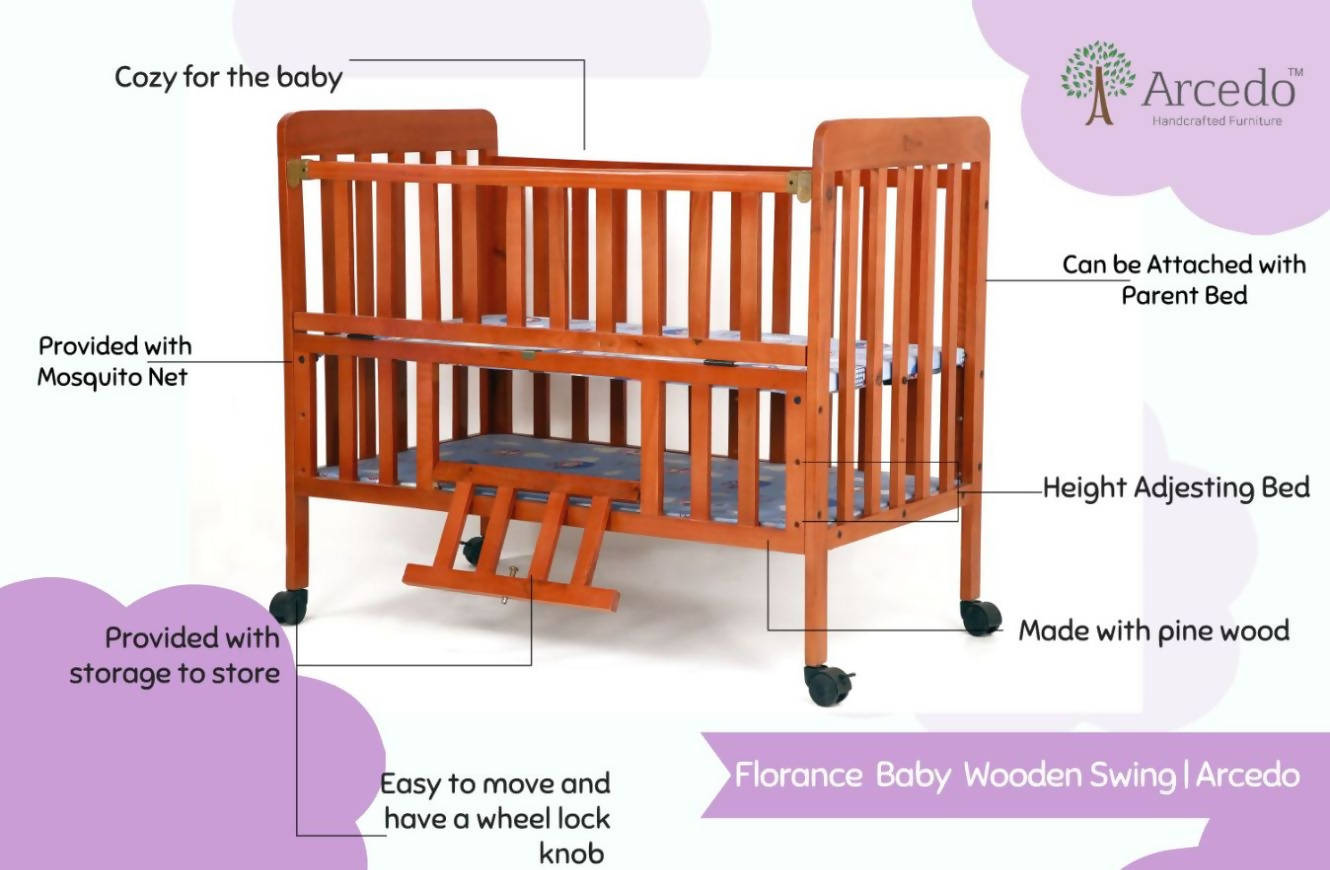 ARCEDO Florence Wooden Baby Cot With Mosquitoes net, Dimensions: H82.5×W59.6×L102.8 cm - PyaraBaby