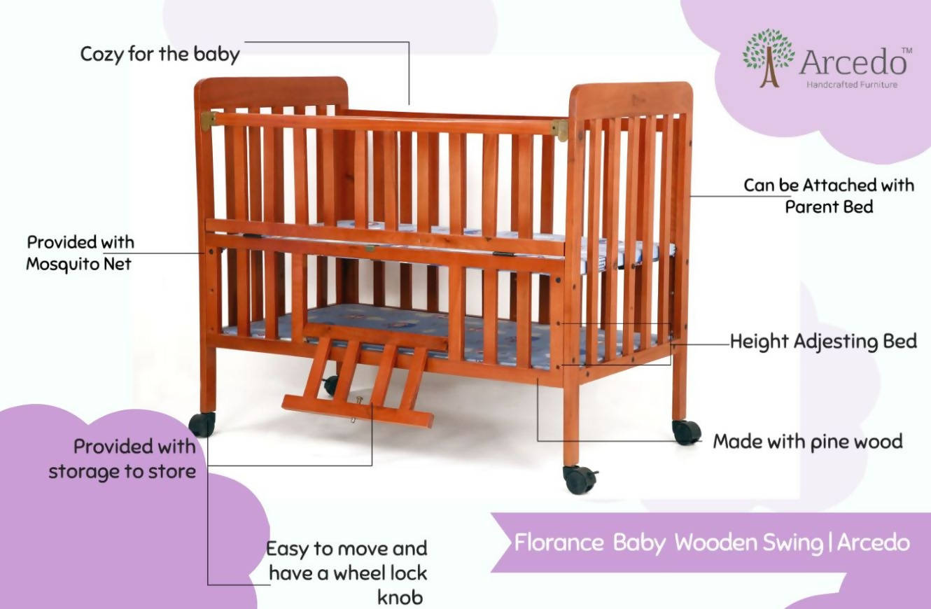 ARCEDO Florence Wooden Baby Cot With Mosquitoes net, Dimensions: H82.5×W59.6×L102.8 cm