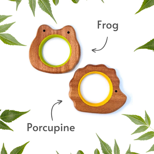 Make teething fun with Babycov's Cute Frog and Porcupine Neem Wood Teethers - natural comfort for safe and playful chewing!