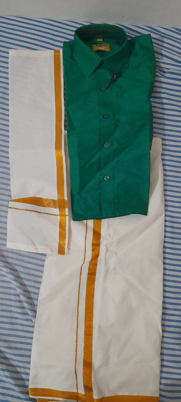 UTHAYAM Veshti and Green Shimmer Shirt, Mund - PyaraBaby