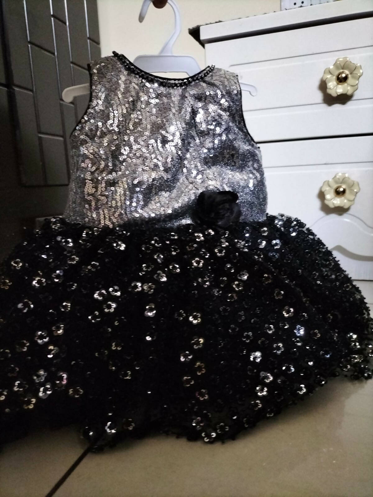 1st Birthday MUMKINS Party Wear Black and Shining Silver Frock/Dress for Baby Girl
