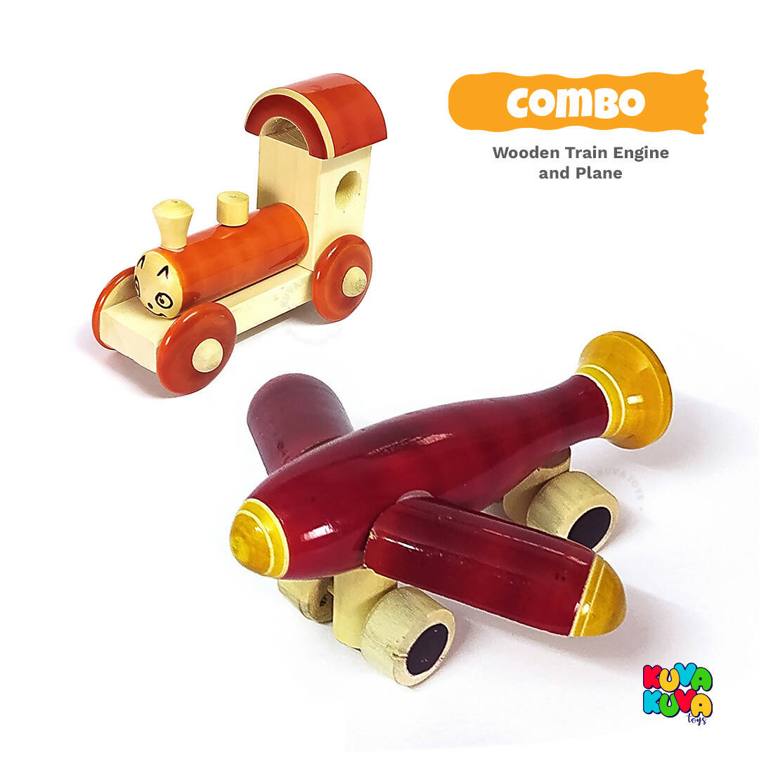 Wooden Train Engine and Aeroplane Push/Pull Toy Combo for 12+ Months Kids, Preschool Toys - Multicolor - PyaraBaby