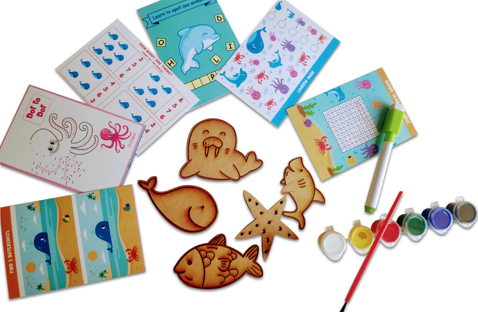 Sea animals flashcards with wooden cutout activity - PyaraBaby