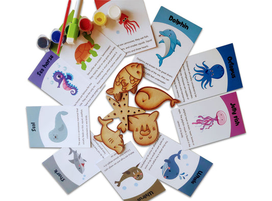 Sea animals flashcards with wooden cutout activity - PyaraBaby