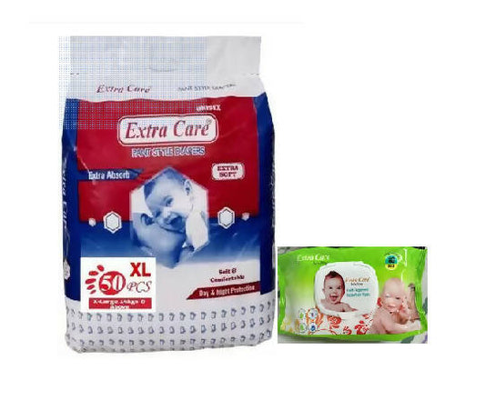 EXTRACARE Baby Pant Diaper XL Size (50 piece) + Baby Wipes (80 piece) | 14+ Kgs - PyaraBaby
