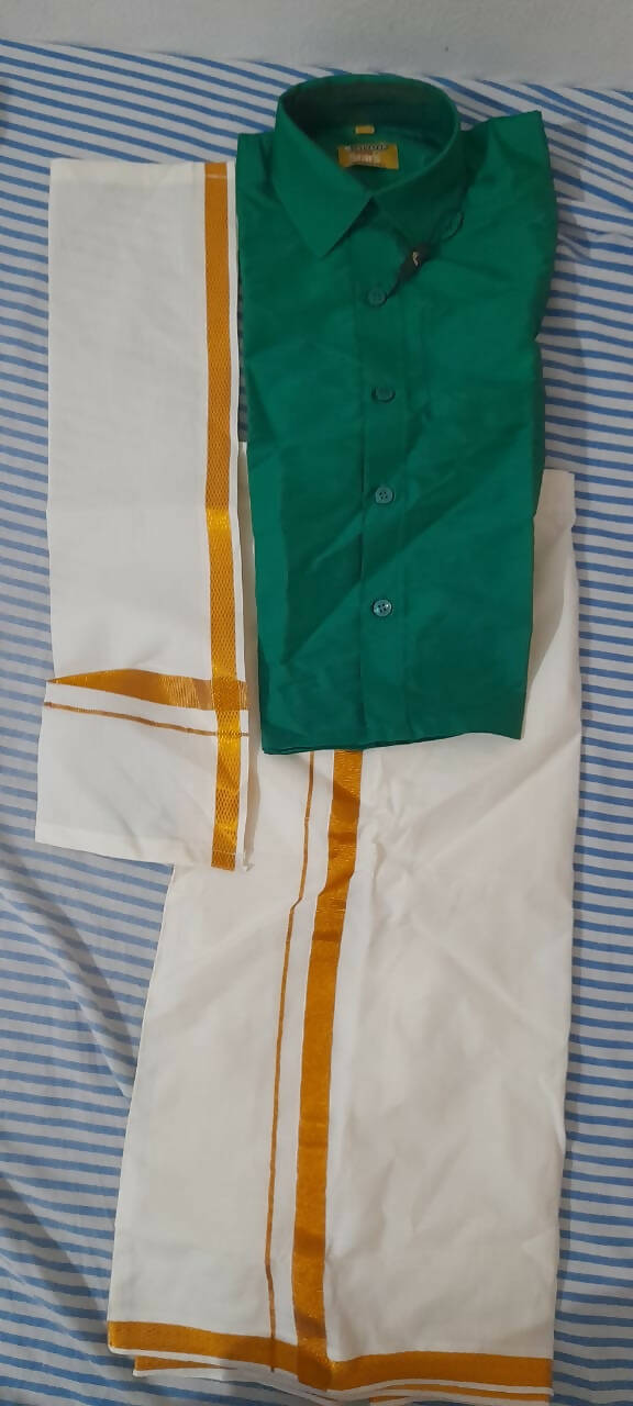 UTHAYAM Veshti and Green Shimmer Shirt, Mund - PyaraBaby