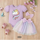 3pcs Baby Girl Unicorn Print Puff-sleeve Romper and Mesh Skirt & Headband Set - PyaraBaby