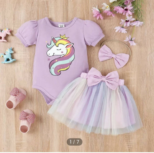 3pcs Baby Girl Unicorn Print Puff-sleeve Romper and Mesh Skirt & Headband Set