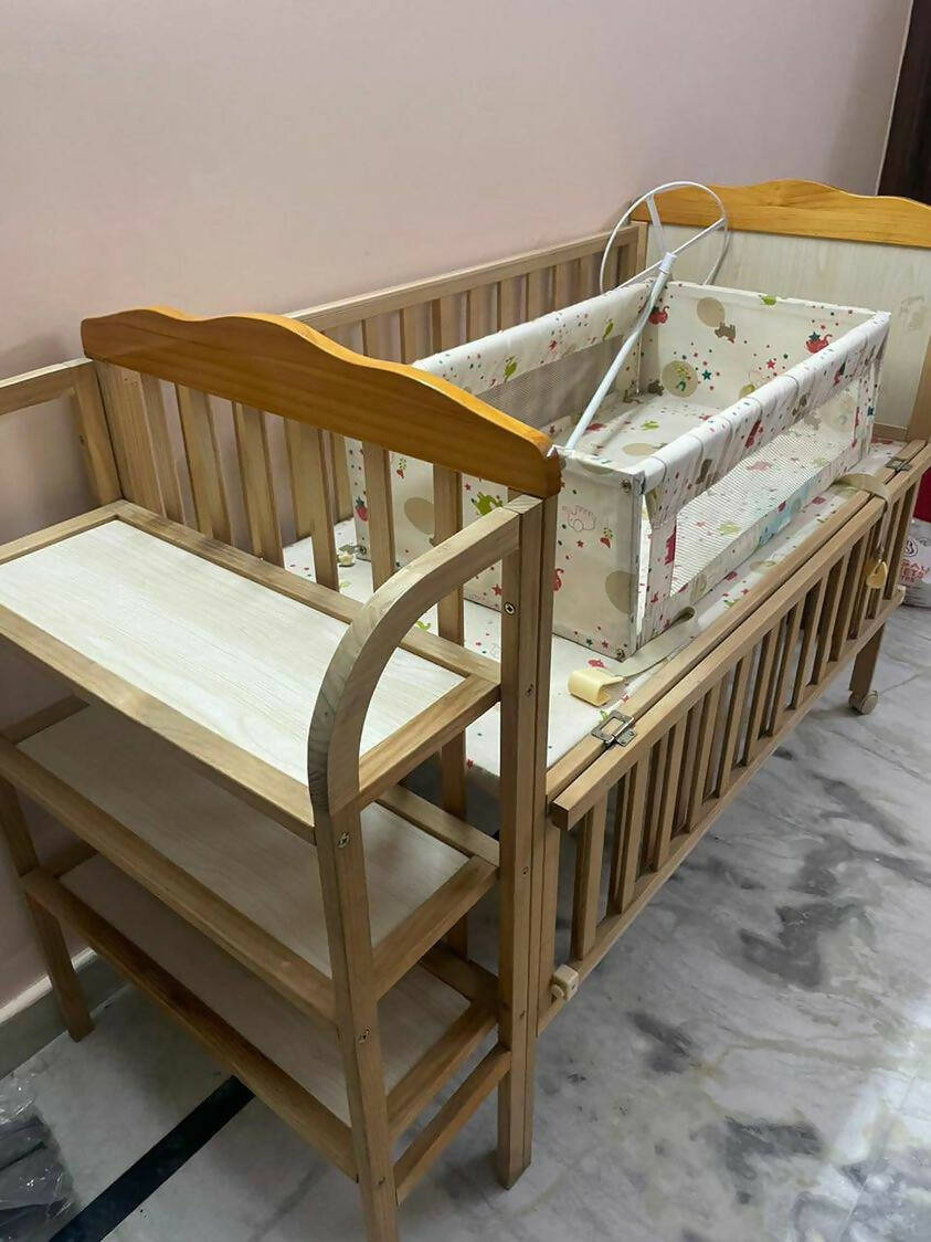 BABYHUG Lily Wooden Cot/Crib with Detachable Bassinet & Side Shelf, Dimensions: 149×64×104 cm