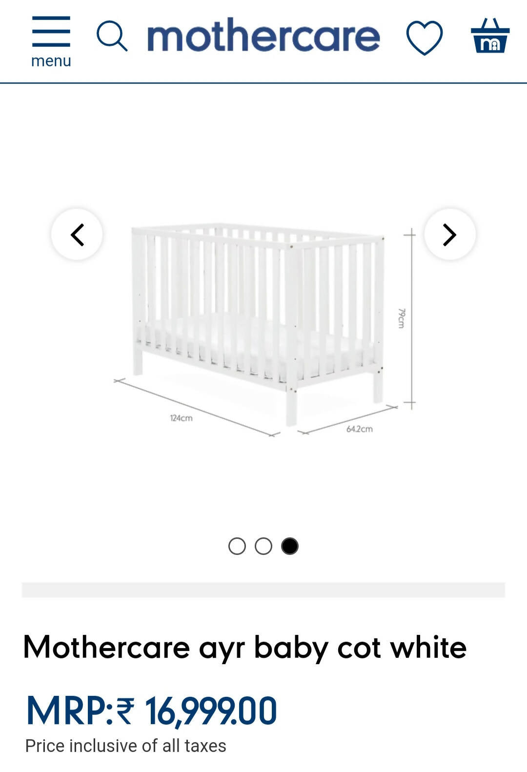 MOTHERCARE Ayr Baby Cot/Crib, Dimension x 79cm x 61cm