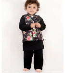 LITTLE BANSI Floral Print Kurta Payjama and Jacket Set - Black