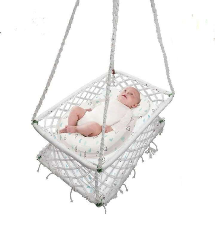 Cotton Newborn Baby Cradle Hanging Crib Hammock Swing Sleep Bed Cradle for Outdoor Indoor Use | Baby Palna/Baby Thottil/Newborn Baby Hanging Bed/Newborn Baby Swing 0 to 2 Years (White) - PyaraBaby