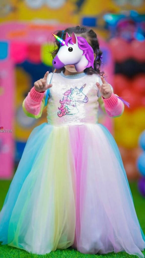 Baby Girl’s Unicorn Themed Frock with Unicorn Hair Band Full Length Gown