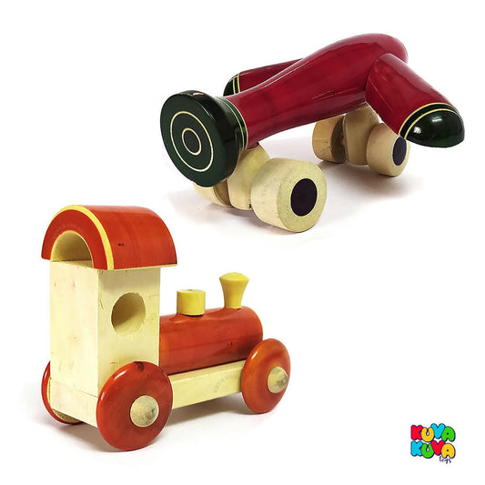 Wooden Train Engine and Aeroplane Push/Pull Toy Combo for 12+ Months Kids, Preschool Toys - Multicolor