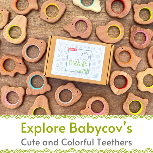 Soothe teething pains with Babycov's Cute Hippo and Elephant Neem Wood Teethers - natural comfort for safe and playful chewing!