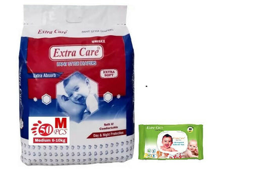 EXTRA CARE Baby Pant Diaper Medium Size ( 50 piece ) + Baby Wipes ( 80 piece ) (Combo of 2) | 5-10 Kg - PyaraBaby