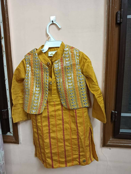 LES PETITS Yellow Kurta with Pyjama and Short Koti - PyaraBaby