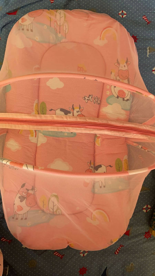 BABYMOO Mattress with Neck Pillow and Mosquito Net (Pink) - PyaraBaby
