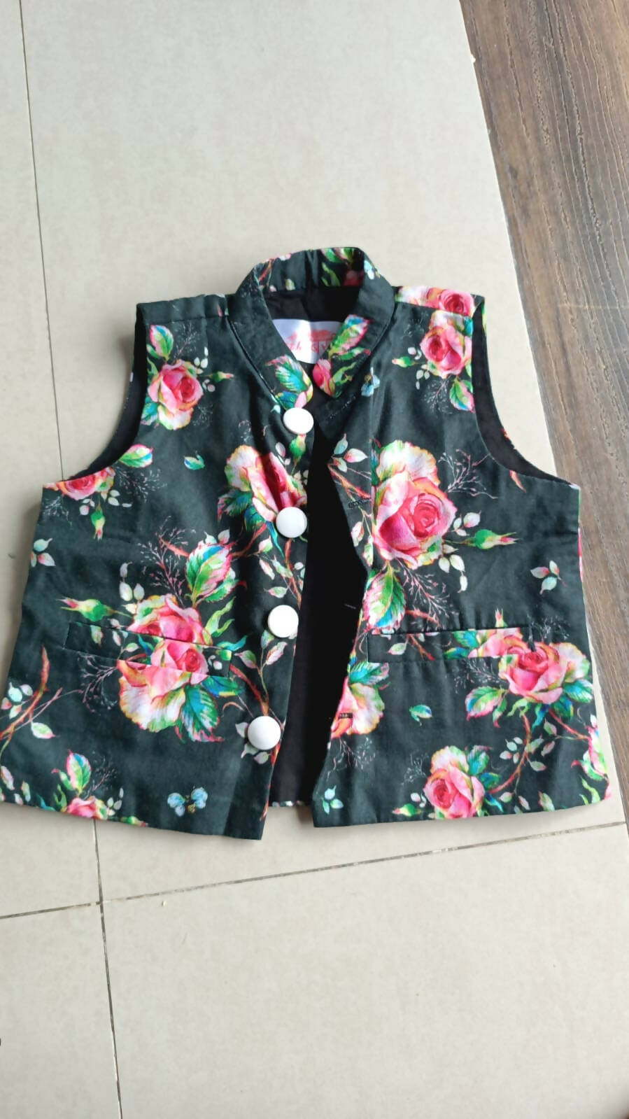 LITTLE BANSI Floral Print Kurta Payjama and Jacket Set - Black