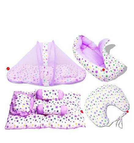 Vparents Joy Baby 4 Piece Bedding Set With Pillow And Bolsters Sleeping Bag And Bedding Set And Feeding Pillow Combo - Purple