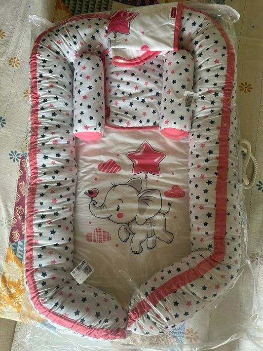 BABYHUG Premium 5 Piece Nest Gadda Set With Diaper Changing Mat in Elephant Print - Pink